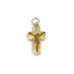 Cognac Amber Carved Cameo Cross Crucifix Pendant Sterling Silver Necklace